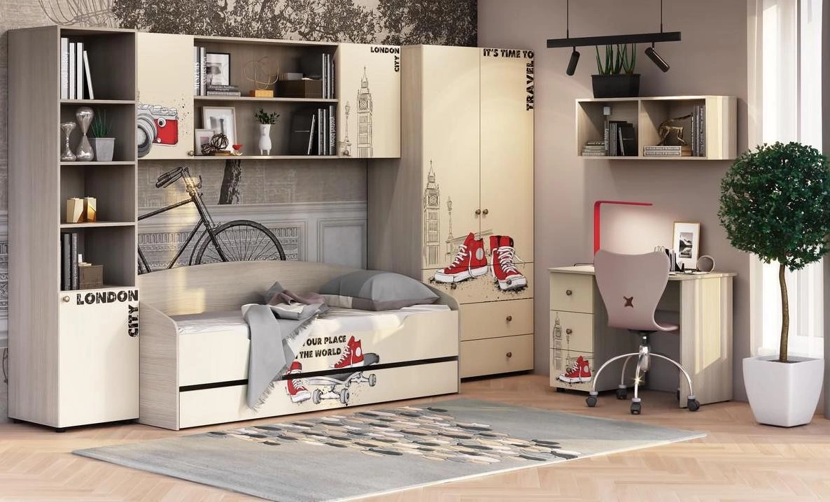 Детский Гарнитур Мийа-3 LONDON CITY Ясень Шимо Светлый/Бежевый Фотопечать