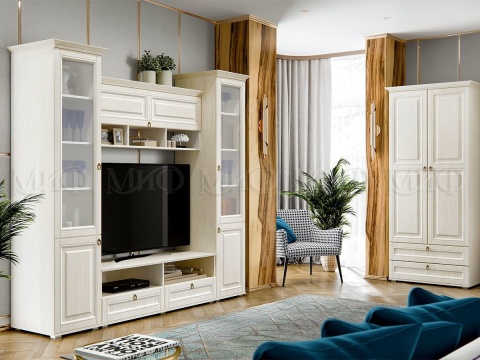 Гостиная Элит-1 МДФ Сандал Светлый  (Ш-2450 мм x Г-577 мм х В-2185 мм) + Шкаф (Ш-975 мм x Г-577 мм х В-2185 мм)